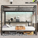 Bellemave® Queen over Twin XL Metal Bunk Bed/Loft Bed with Desk and Shelves, Multiple Uses Folds into Sofa with LED and USB - Bellemave